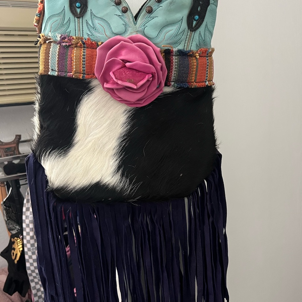 Bohemian Fringe Crossbody Bag with Pink Accent